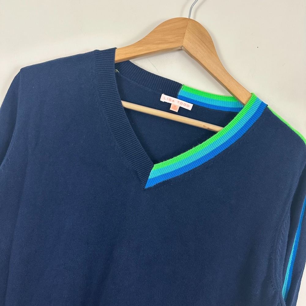 Lisa Todd Sweater Navy Blue Striped Knit Cotton V-Neck Pullover Womens Medium
